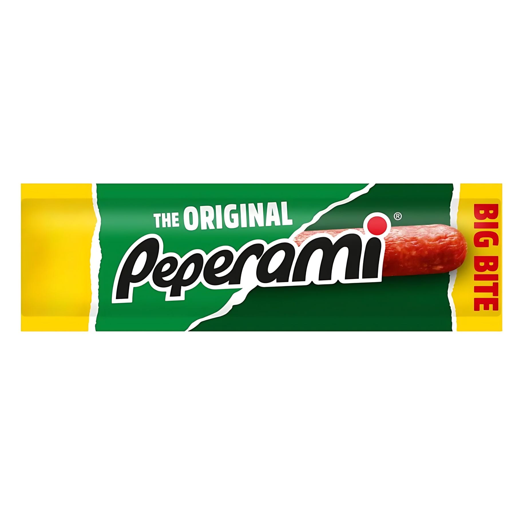 A Peperami - Original - 28g snack with a green and yellow wrapper labeled "The Original" and "Big Bite," showing part of the cured meat stick—ideal for convenient on-the-go snacking. A Peperami - Original - 28g snack with a green and yellow wrapper labeled "The Original" and "Big Bite," showing part of the cured meat stick—ideal for convenient on-the-go snacking.