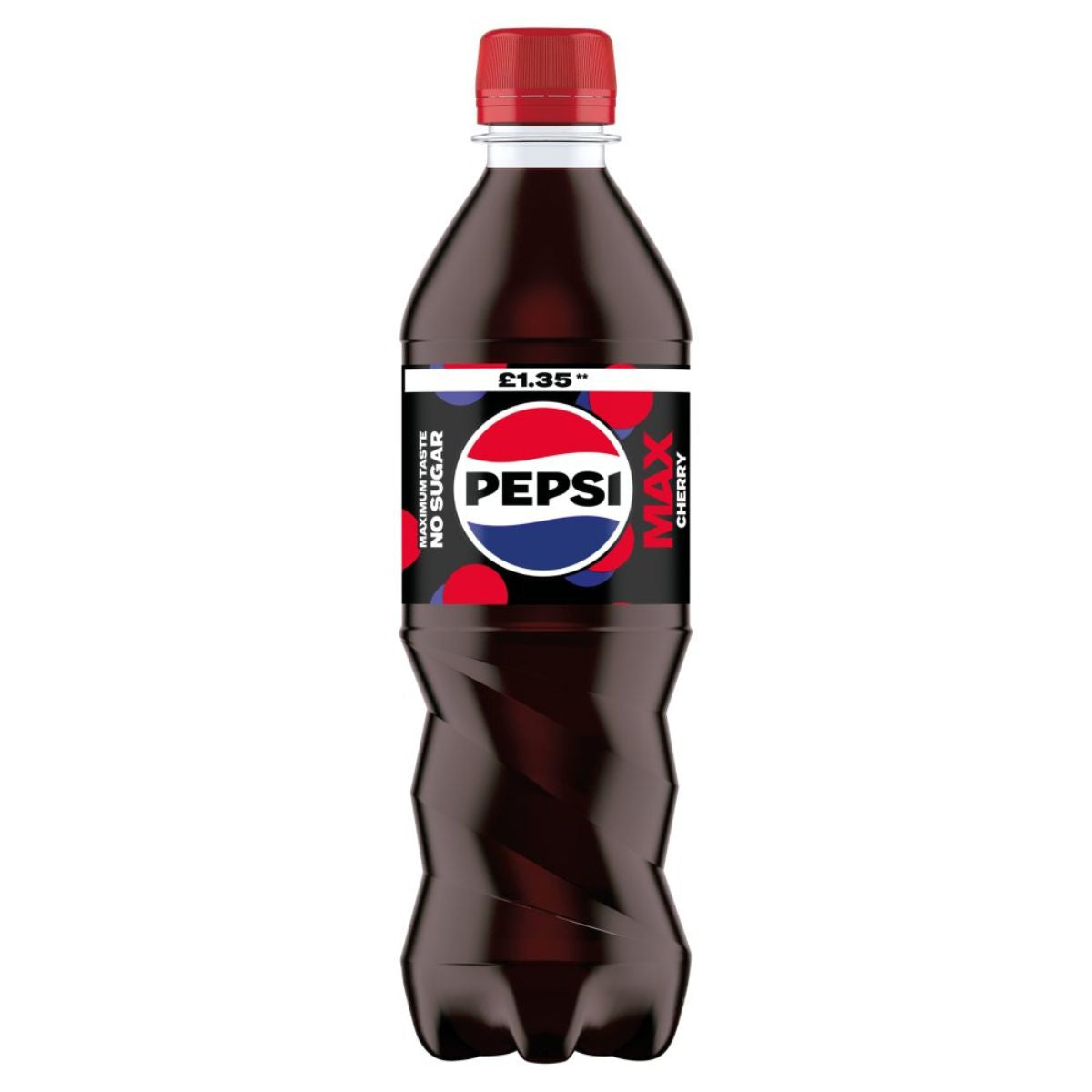 A bottle of Pepsi Max Cherry - 500ml on a white background. A bottle of Pepsi Max Cherry - 500ml on a white background.