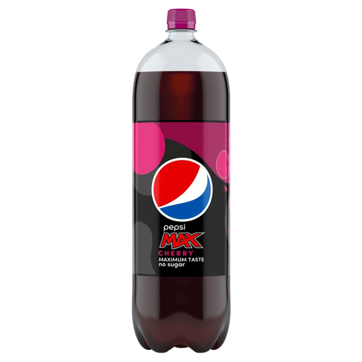 A bottle of Pepsi - Max Cherry No Sugar Cola - 2L pink.