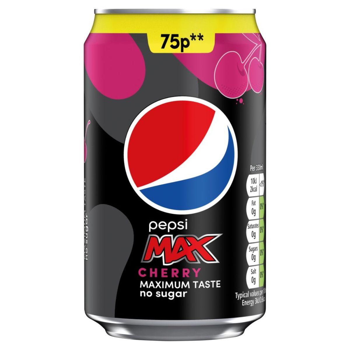 A can of Pepsi - Max Cherry - 330ml on a white background. A can of Pepsi - Max Cherry - 330ml on a white background.