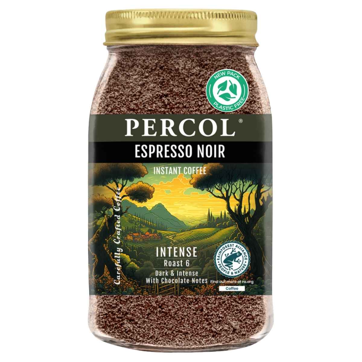 100g jar of Percol Intense Espresso Instant Coffee, adorned with a scenic landscape label. 100g jar of Percol Intense Espresso Instant Coffee, adorned with a scenic landscape label.