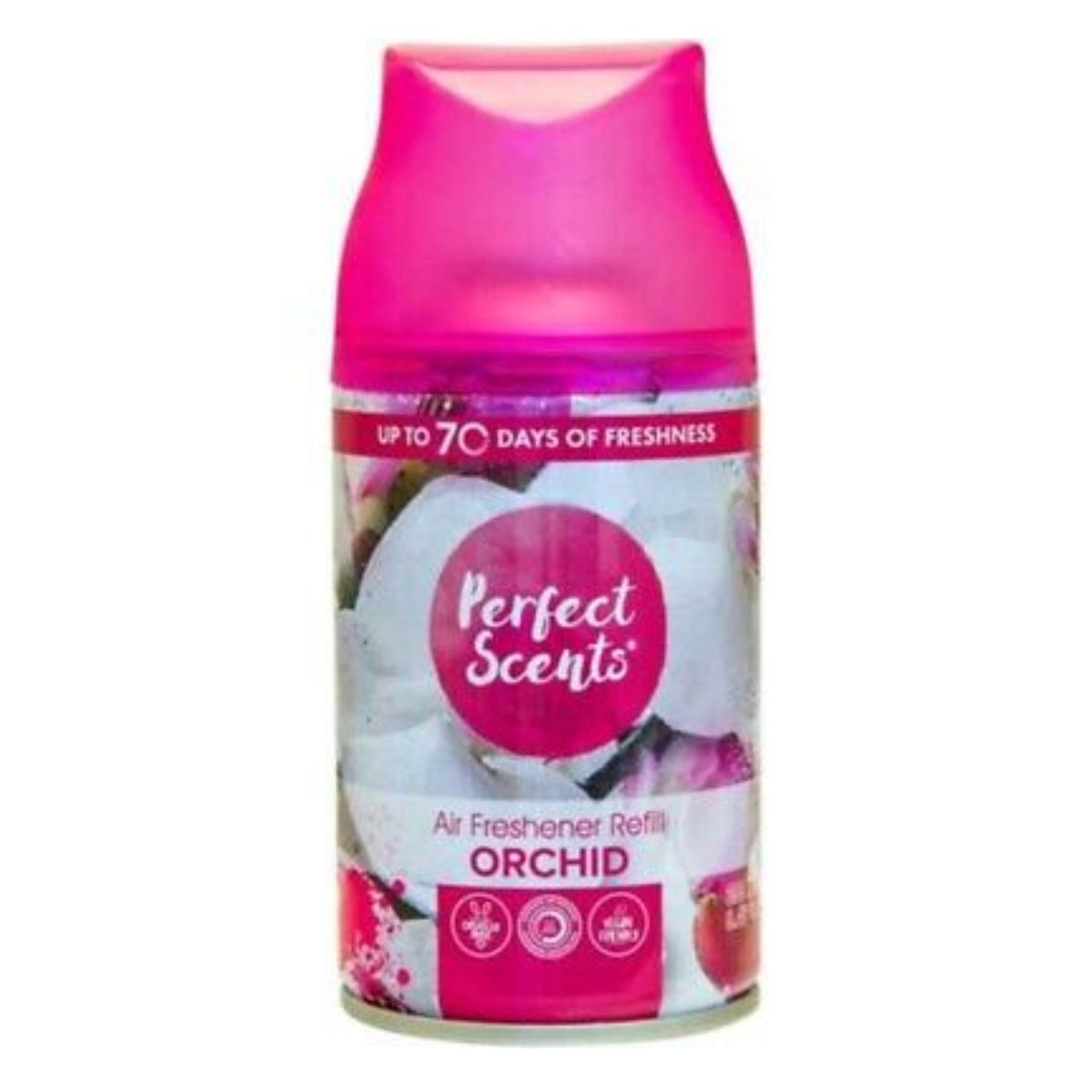 A pink bottle of Perfect Scent - Orchid Scents Air Freshener Automatic Spray Refills - 250ml with a pink flower on it.