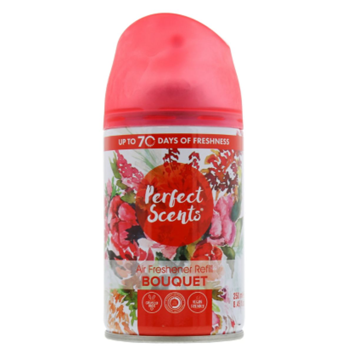 A bottle of Perfect Scents - Air Freshener Bouquet Automatic Refill - 250ml with flowers on it. A bottle of Perfect Scents - Air Freshener Bouquet Automatic Refill - 250ml with flowers on it.