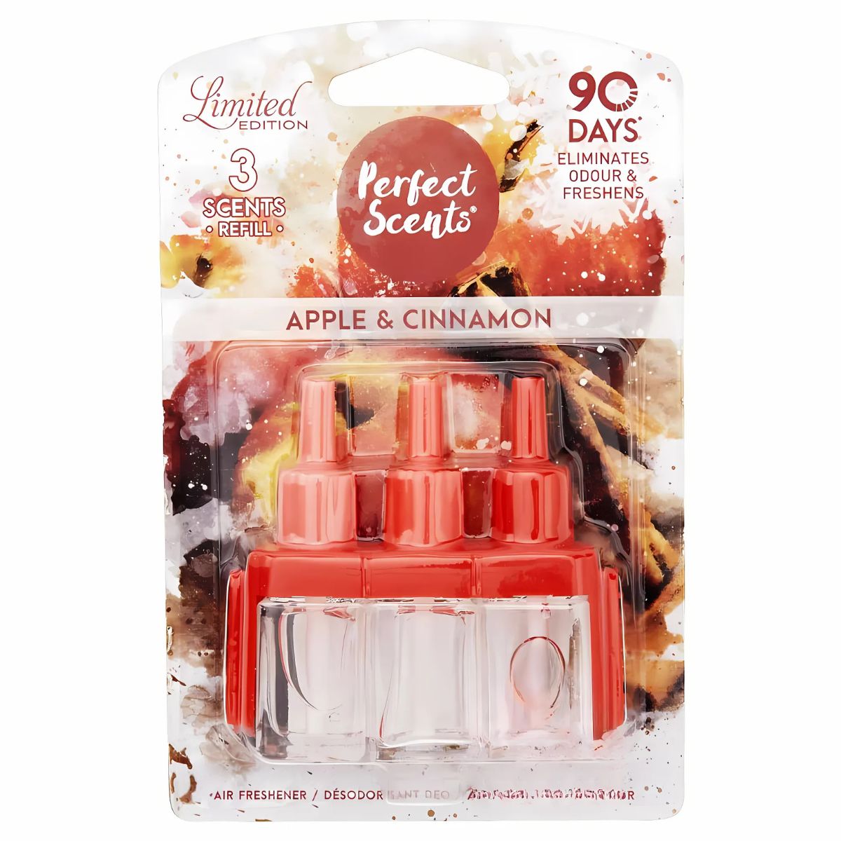 Perfect Scents - Refill Apple & Cinnamon - 20ml comes in a pack of three, offers a long-lasting fragrance for up to 90 days, and is available as a limited edition. Perfect Scents - Refill Apple & Cinnamon - 20ml comes in a pack of three, offers a long-lasting fragrance for up to 90 days, and is available as a limited edition.