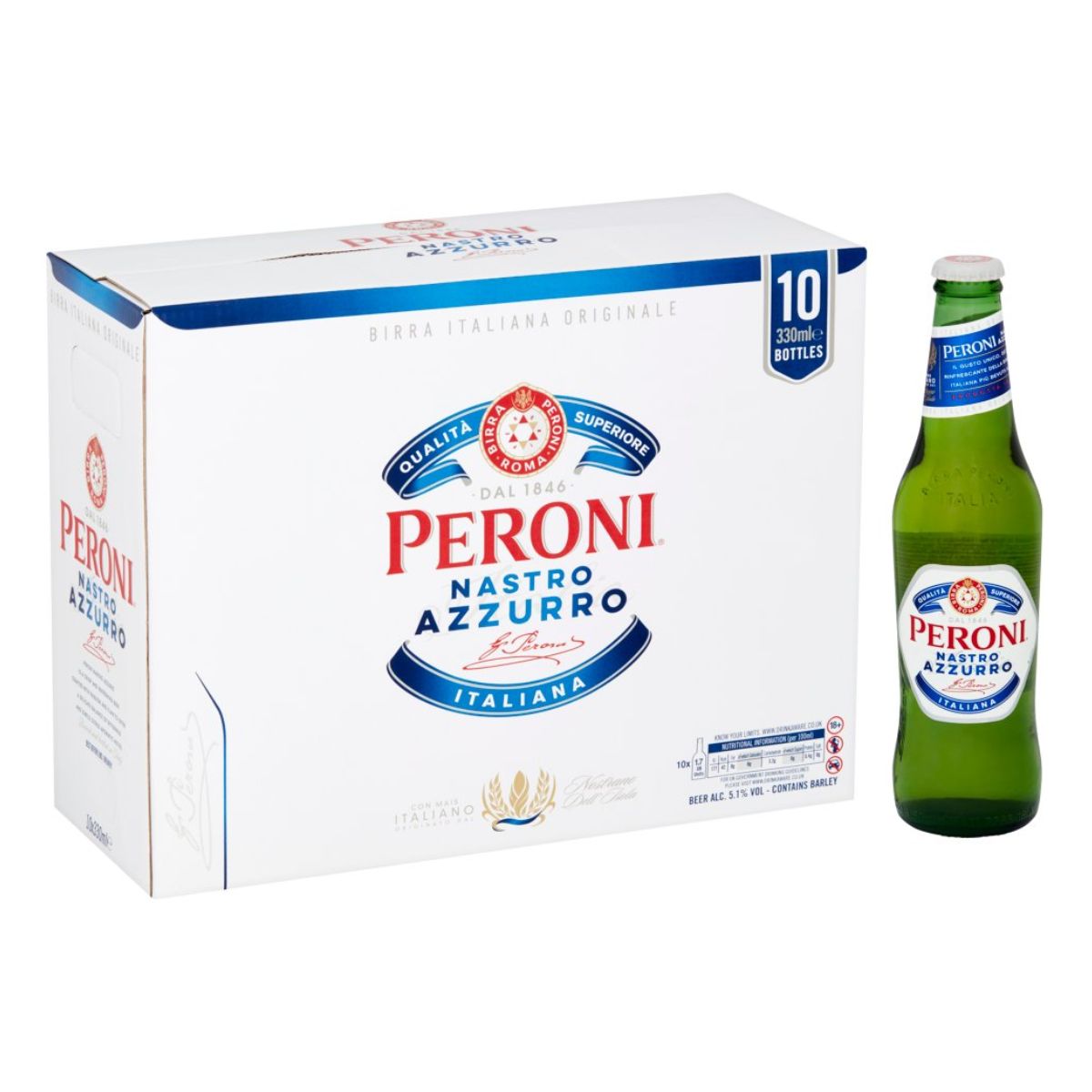 A bottle of Peroni - Nastro Azzurro (5.0% ABV) - 10 x 330ml with a box in front of it.