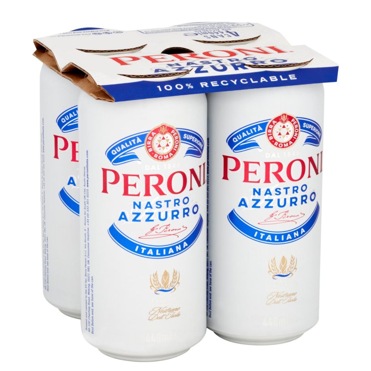 Three cans of Peroni - Nastro Azzurro (5.0% ABV) - 4 x 440ml on a white background.