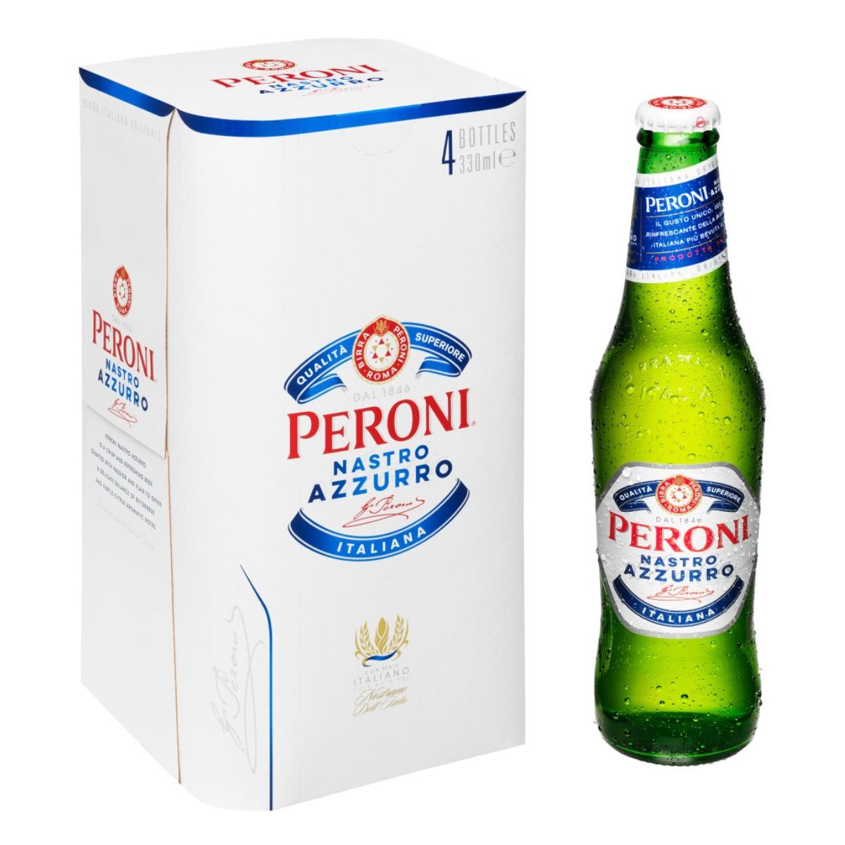 A bottle of Peroni - Nastro Azzurro Lager Beer Bottle (5.0% ABV) - 4 x 330ml next to a box.
