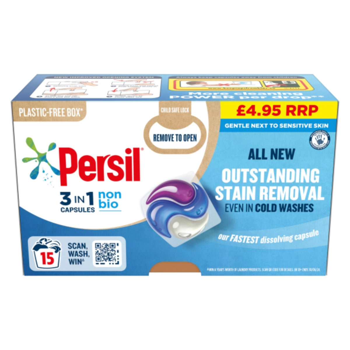A box of Persil - 3 in 1 Washing Capsules Non Bio - 15 Washes.