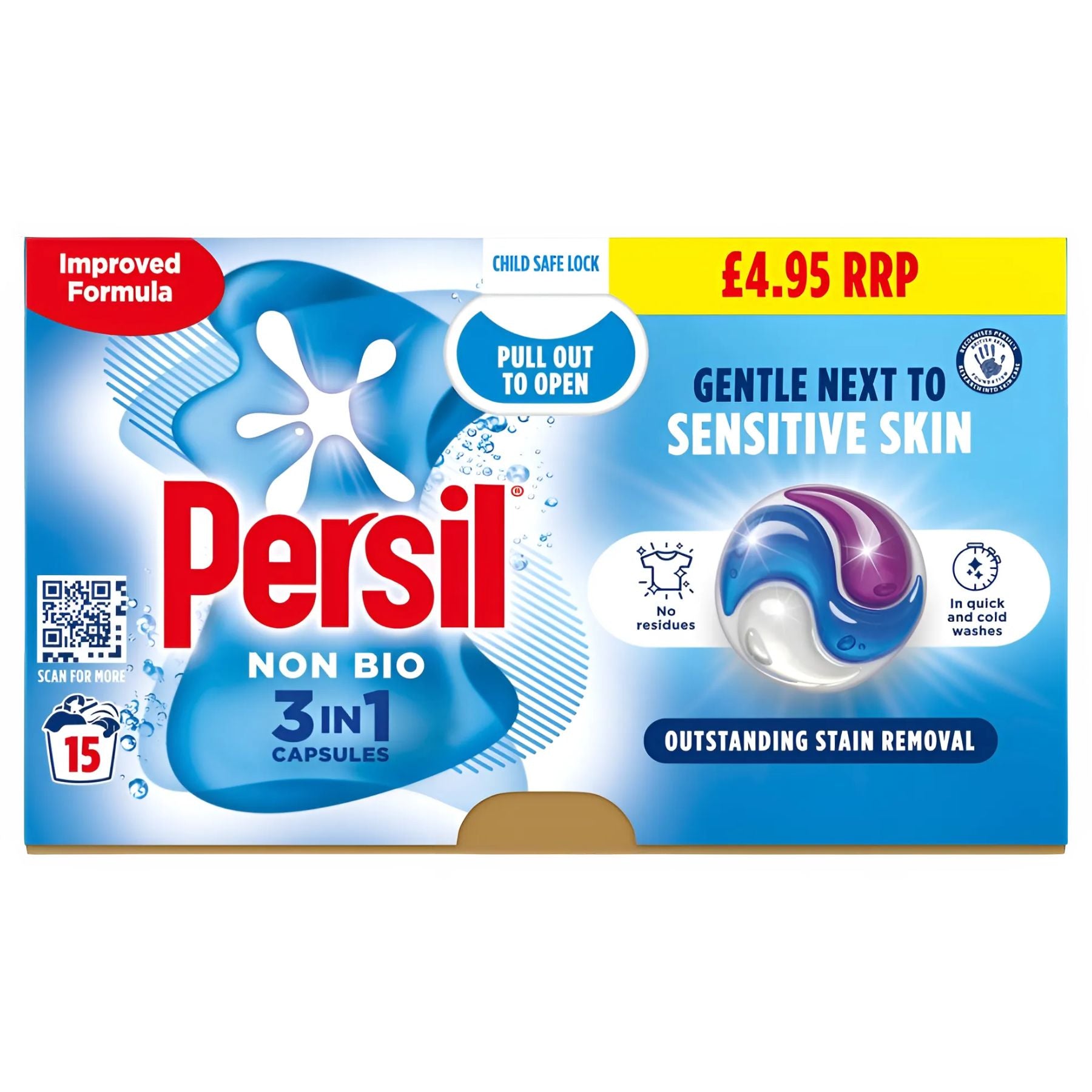 Persil - 3 in 1 Non Bio Washing Capsules (15 washes, 316.5g) feature an improved formula that's kind to sensitive skin, removes stains with no residue, and includes a child-safe lock. RRP £4.95. Persil - 3 in 1 Non Bio Washing Capsules (15 washes, 316.5g) feature an improved formula that's kind to sensitive skin, removes stains with no residue, and includes a child-safe lock. RRP £4.95.