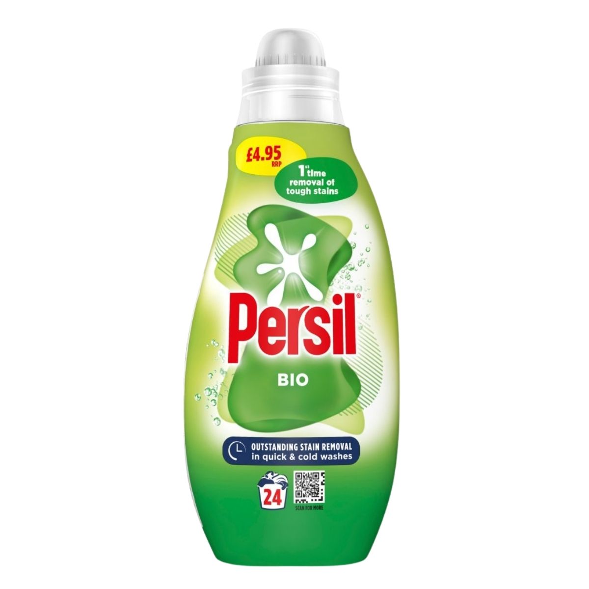 A 648ml bottle of Persil Bio Liquid Detergent offers up to 24 washes, comes with a green label, is priced at £4.95, and is designed for outstanding stain removal. A 648ml bottle of Persil Bio Liquid Detergent offers up to 24 washes, comes with a green label, is priced at £4.95, and is designed for outstanding stain removal.