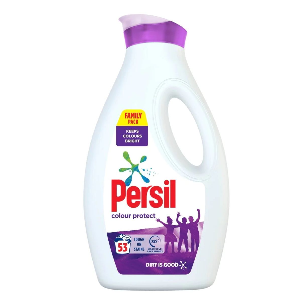 A bottle of Persil Liquid Colour 53 laundry detergent on a white background. A bottle of Persil Liquid Colour 53 laundry detergent on a white background.