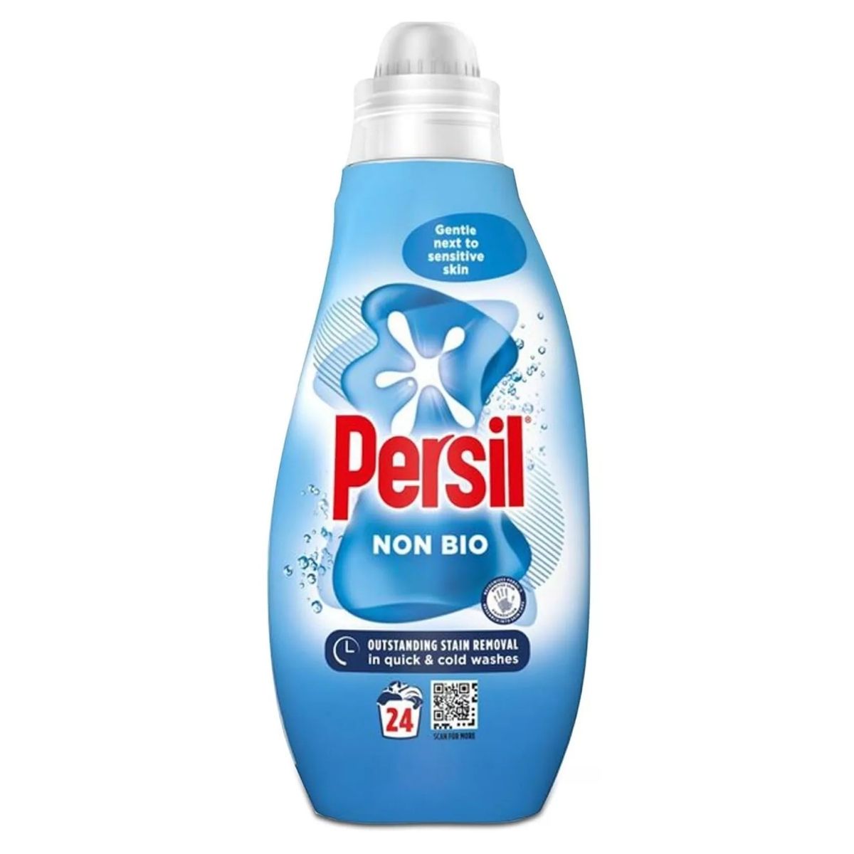 A 648ml blue bottle of Persil Non Bio Liquid Detergent with a white cap, labeled for 24 washes and formulated to be gentle next to sensitive skin. A 648ml blue bottle of Persil Non Bio Liquid Detergent with a white cap, labeled for 24 washes and formulated to be gentle next to sensitive skin.
