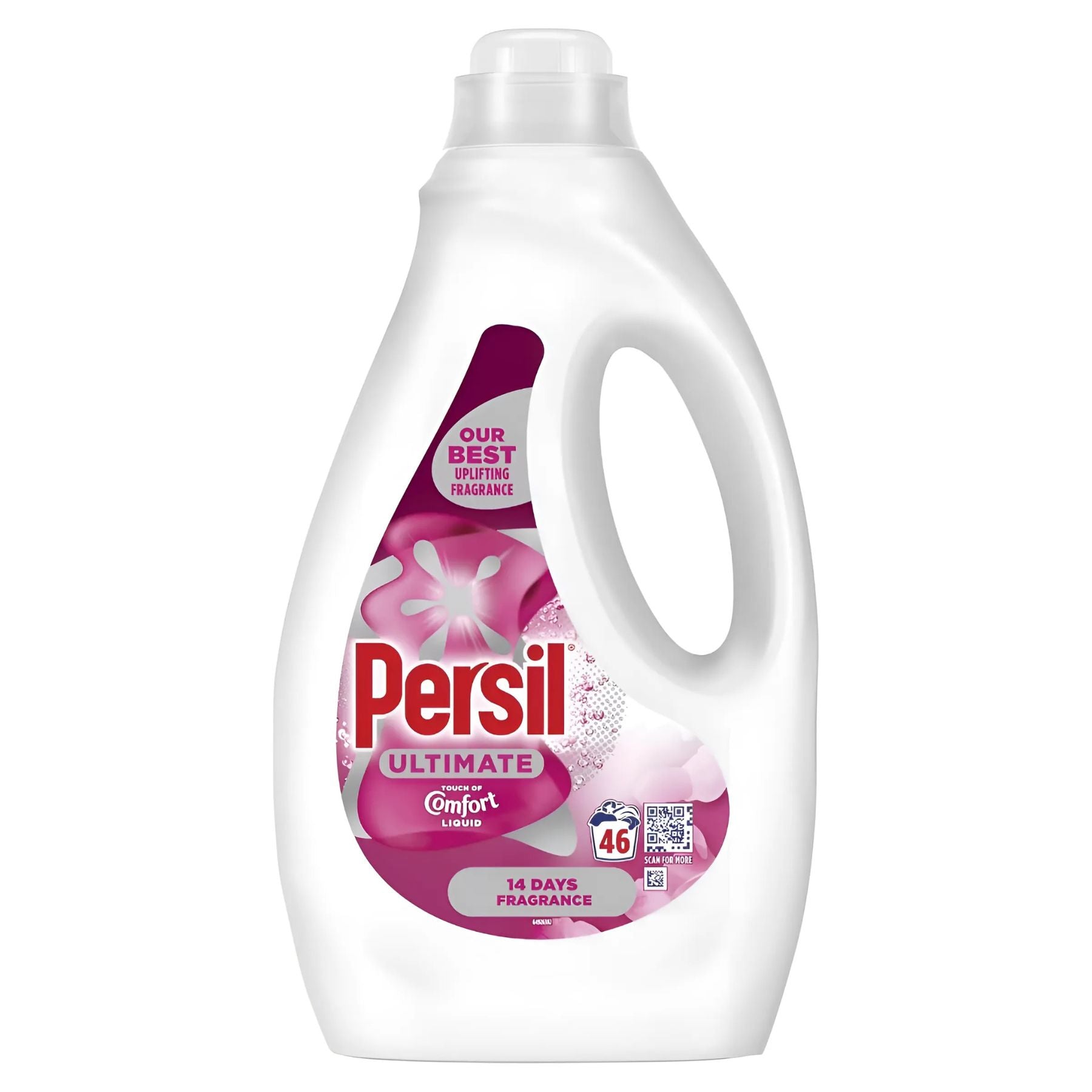 A white plastic bottle of Persil - Ultimate Touch of Comfort Liquid Detergent, 1242ml, with a pink label, provides 46 washes and up to 14 days of fragrance. A white plastic bottle of Persil - Ultimate Touch of Comfort Liquid Detergent, 1242ml, with a pink label, provides 46 washes and up to 14 days of fragrance.