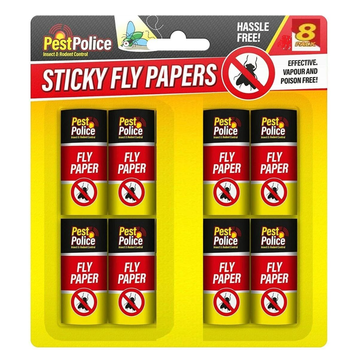 A pack of Pest Police - Fly Insect Catcher Paper Sticky Glue Bug Trap Killer Strong Roll Tape Strip - 8pcs in a package.