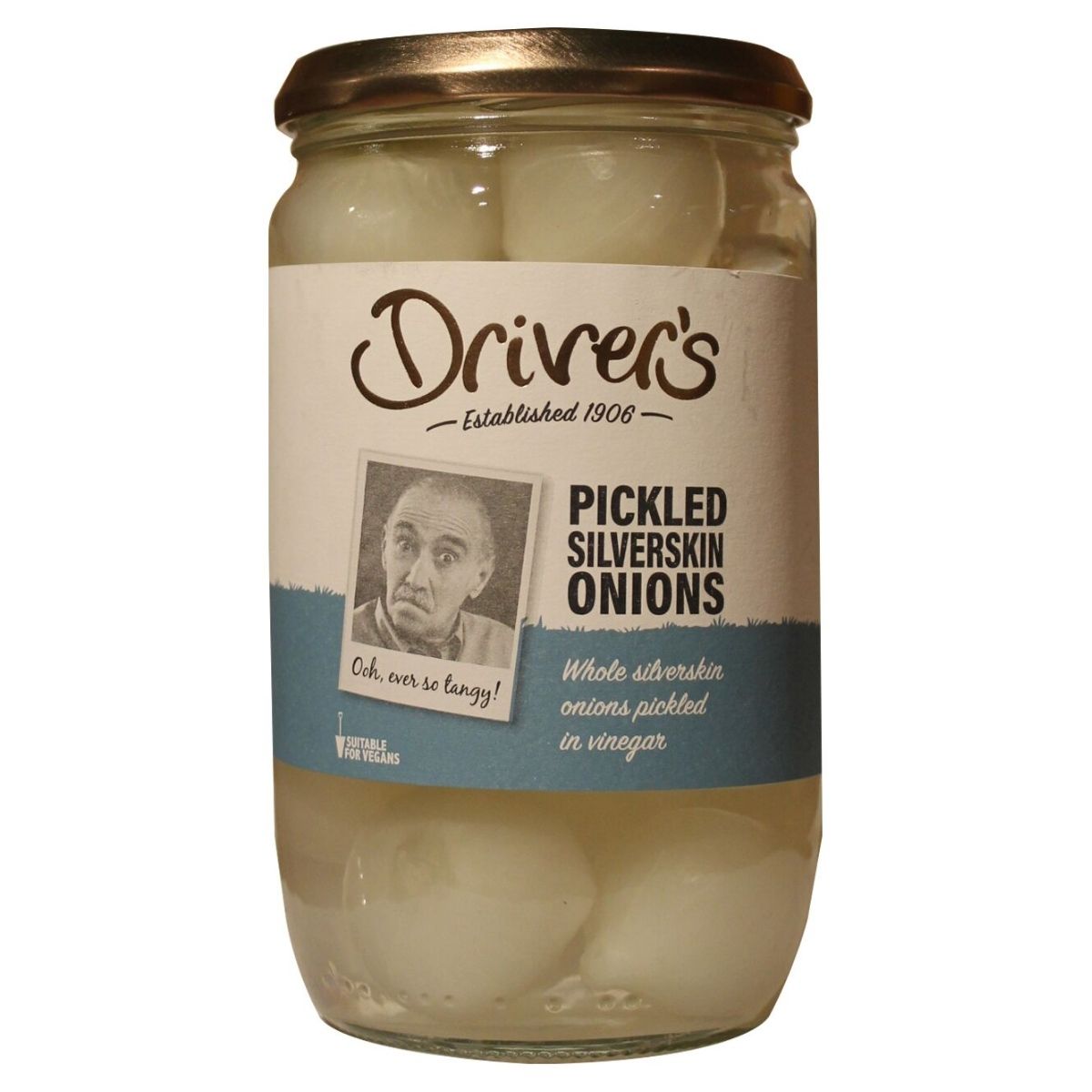 Jar of Drivers Pickled Silverskin Onions in vinegar, featuring a vintage-style label with a portrait of a man. Jar of Drivers Pickled Silverskin Onions in vinegar, featuring a vintage-style label with a portrait of a man.