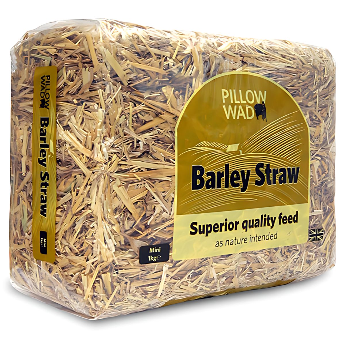 A 1 kg packaged bale of Pillow Wad barley straw labeled "Superior quality feed," featuring a small Union Jack flag in the bottom corner. A 1 kg packaged bale of Pillow Wad barley straw labeled "Superior quality feed," featuring a small Union Jack flag in the bottom corner.