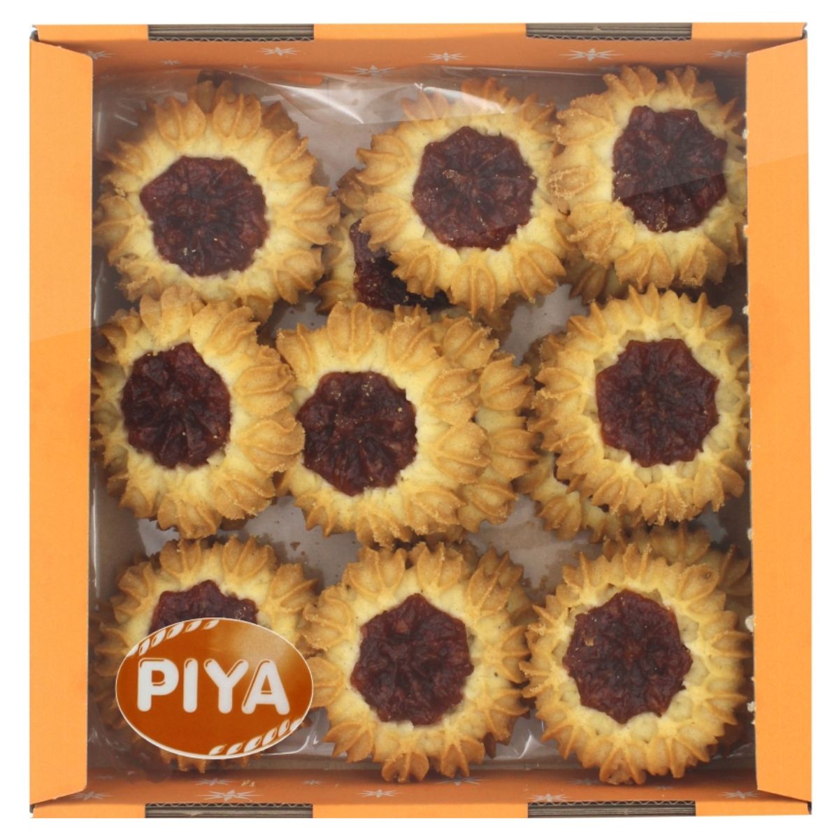A 300g box of Piya - Margaretki Cherry Cookies, featuring twelve round flower-shaped buttery cookies with cherry jam centers, arranged in three rows in orange packaging. A 300g box of Piya - Margaretki Cherry Cookies, featuring twelve round flower-shaped buttery cookies with cherry jam centers, arranged in three rows in orange packaging.