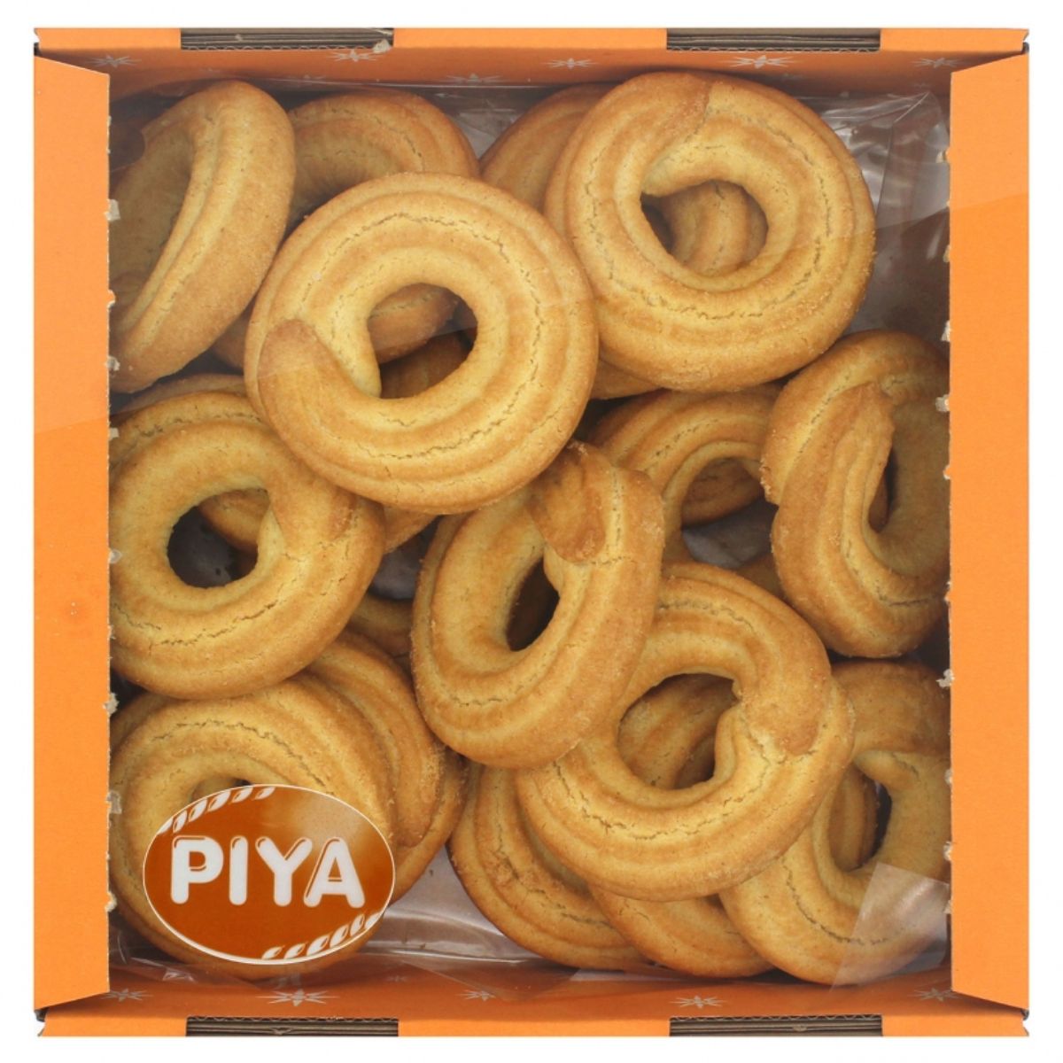 Piya cookies with butter in a box on a white background.