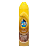 A 250ml yellow aerosol can of Pledge - Expert Care Wood Polish Classic, featuring the Pledge logo and text promoting dust and allergen removal for wooden surfaces.