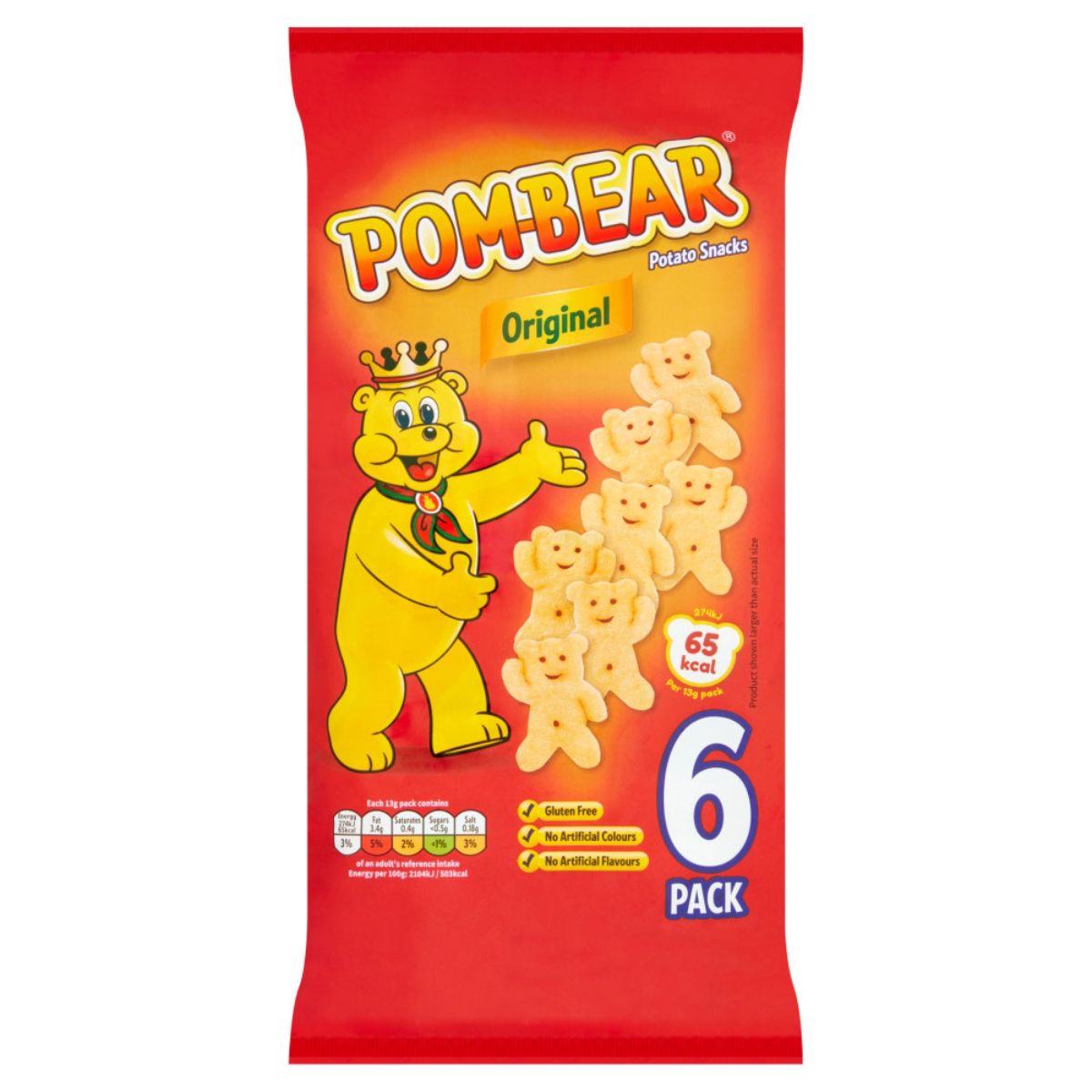 A bag of PomBear - Original potato Snacks - 6 Packs with a bear on it. A bag of PomBear - Original potato Snacks - 6 Packs with a bear on it.