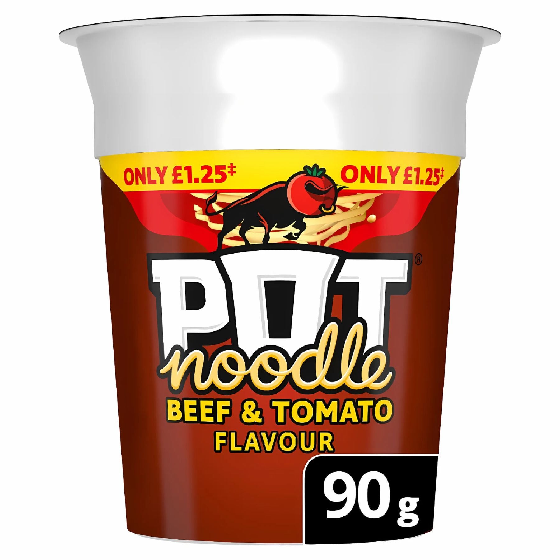 A 90g Pot Noodle - Beef & Tomato Flavour cup offers a quick meal, with a red and brown design, tomato and bull graphics, and a price label stating "ONLY £1.25". A 90g Pot Noodle - Beef & Tomato Flavour cup offers a quick meal, with a red and brown design, tomato and bull graphics, and a price label stating "ONLY £1.25".