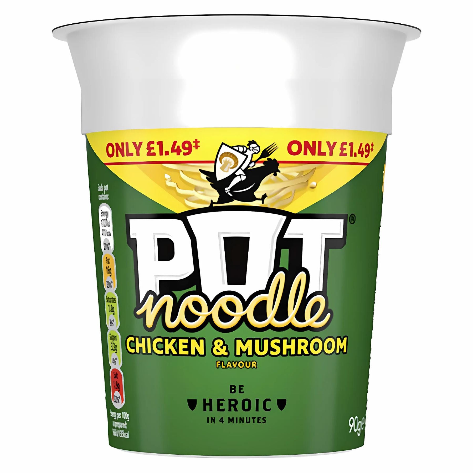 Pot Noodle - Chicken & Mushroom 90g with a green label, price marked £1.49, cooks in 4 minutes—ideal for a quick instant noodle meal. Pot Noodle - Chicken & Mushroom 90g with a green label, price marked £1.49, cooks in 4 minutes—ideal for a quick instant noodle meal.