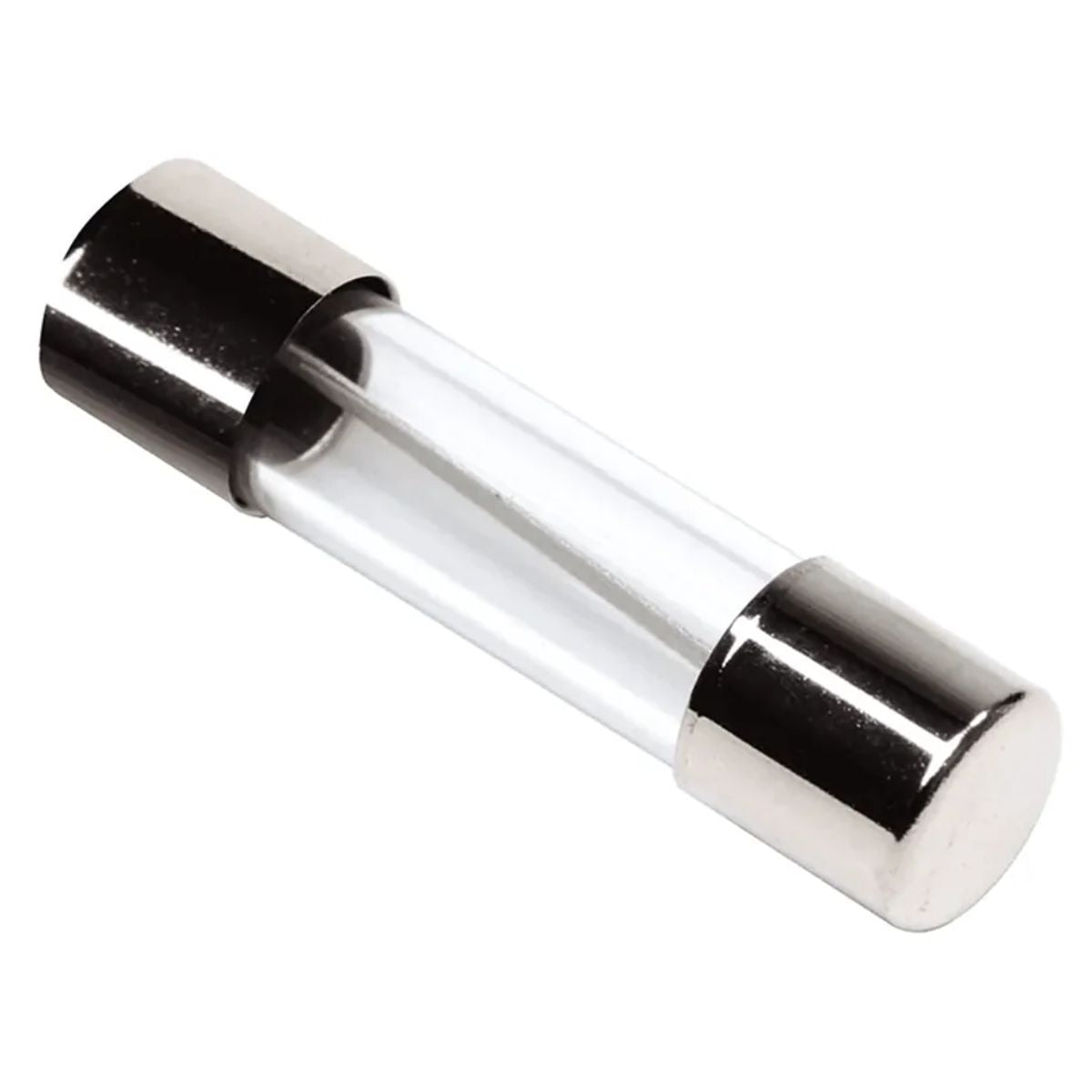 Power+ - 3A Fuse cartridge fuse with metal end caps on a white background. Power+ - 3A Fuse cartridge fuse with metal end caps on a white background.
