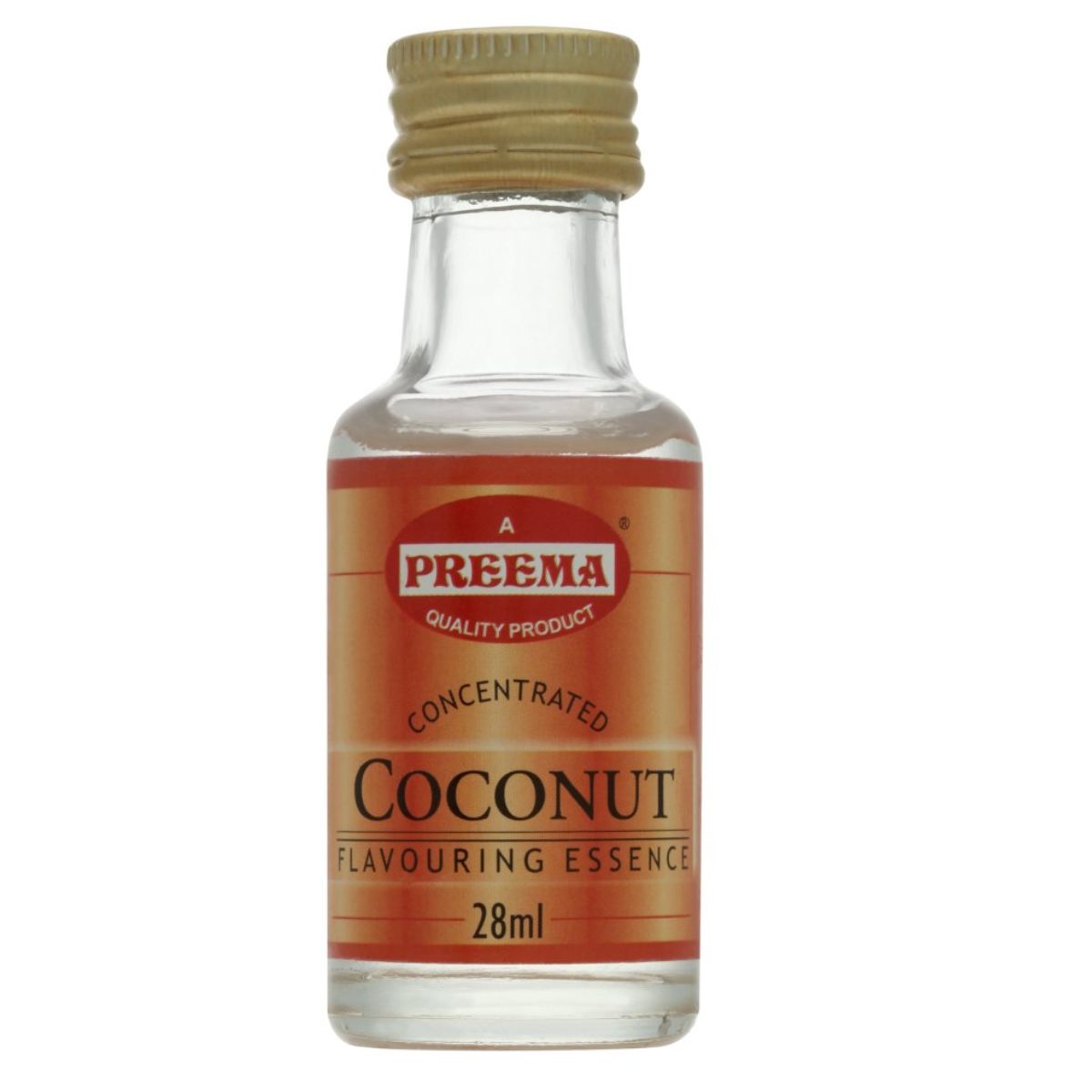 A small bottle of Preema - Concentrated Coconut Flavouring Essence - 28ml, isolated on a white background. A small bottle of Preema - Concentrated Coconut Flavouring Essence - 28ml, isolated on a white background.