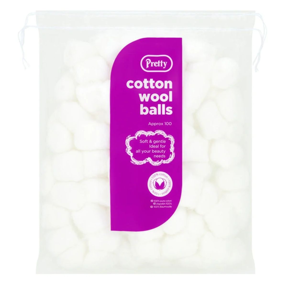 A package of Pretty - Cotton Wool Balls - 100pcs, approximately 100 count, advertised as soft and gentle for beauty needs. A package of Pretty - Cotton Wool Balls - 100pcs, approximately 100 count, advertised as soft and gentle for beauty needs.