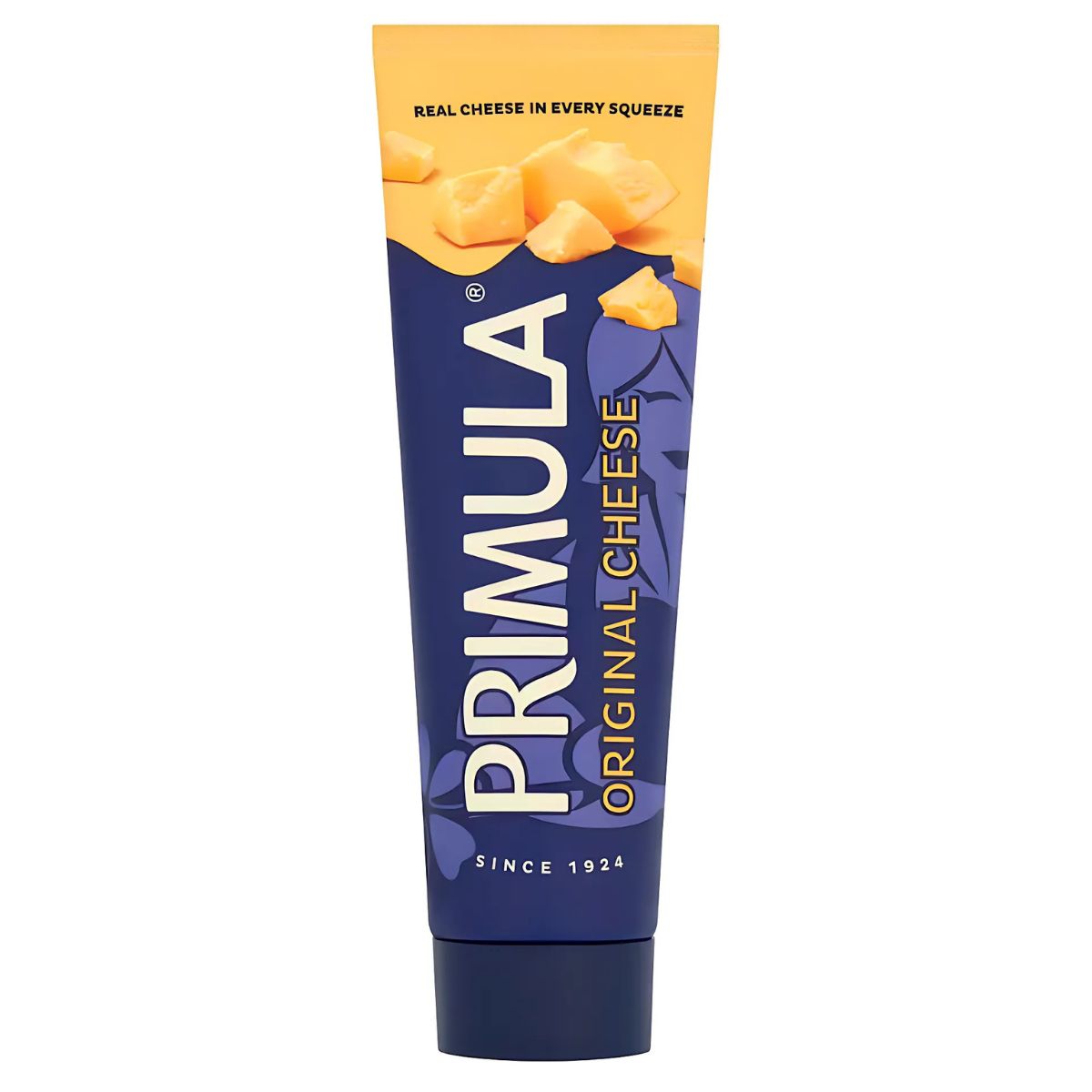 A 140g tube of Primula - Original Cheese, featuring vegetarian cheese chunks and the packaging tagline "Real cheese in every squeeze. A 140g tube of Primula - Original Cheese, featuring vegetarian cheese chunks and the packaging tagline "Real cheese in every squeeze.