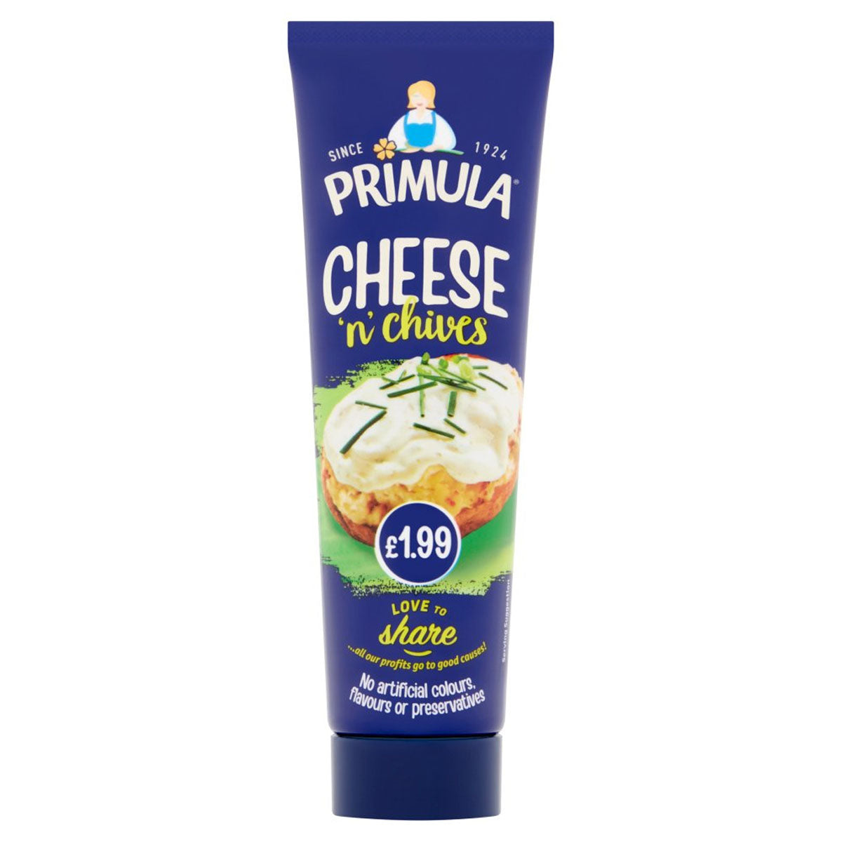 A tube of Primula - Cheese Chives - 140g. A tube of Primula - Cheese Chives - 140g.