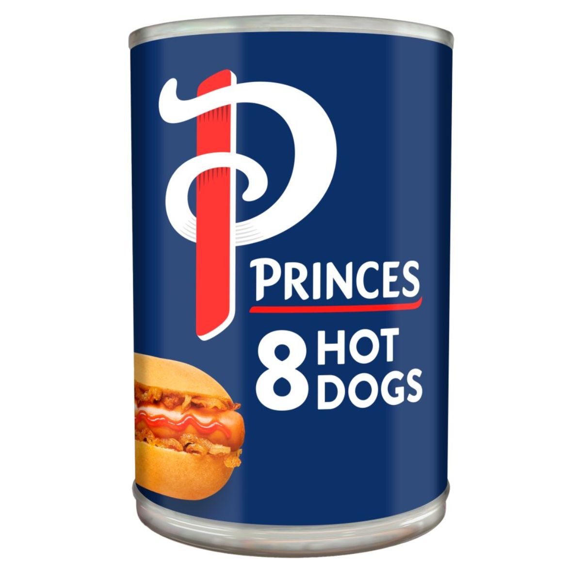 A can of Princes - 8 Hot Dogs - 400g on a white background. A can of Princes - 8 Hot Dogs - 400g on a white background.