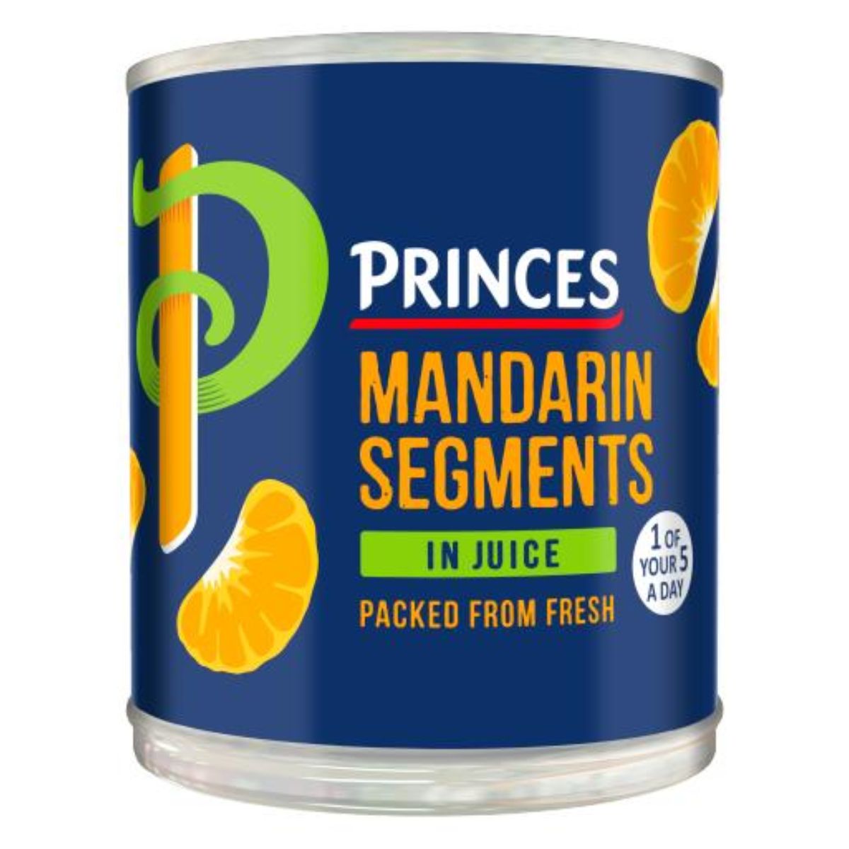 A cylindrical can labeled "Princes - Mandarin In Juice - 298g" with images of orange mandarin slices and a bright blue and green design. A cylindrical can labeled "Princes - Mandarin In Juice - 298g" with images of orange mandarin slices and a bright blue and green design.
