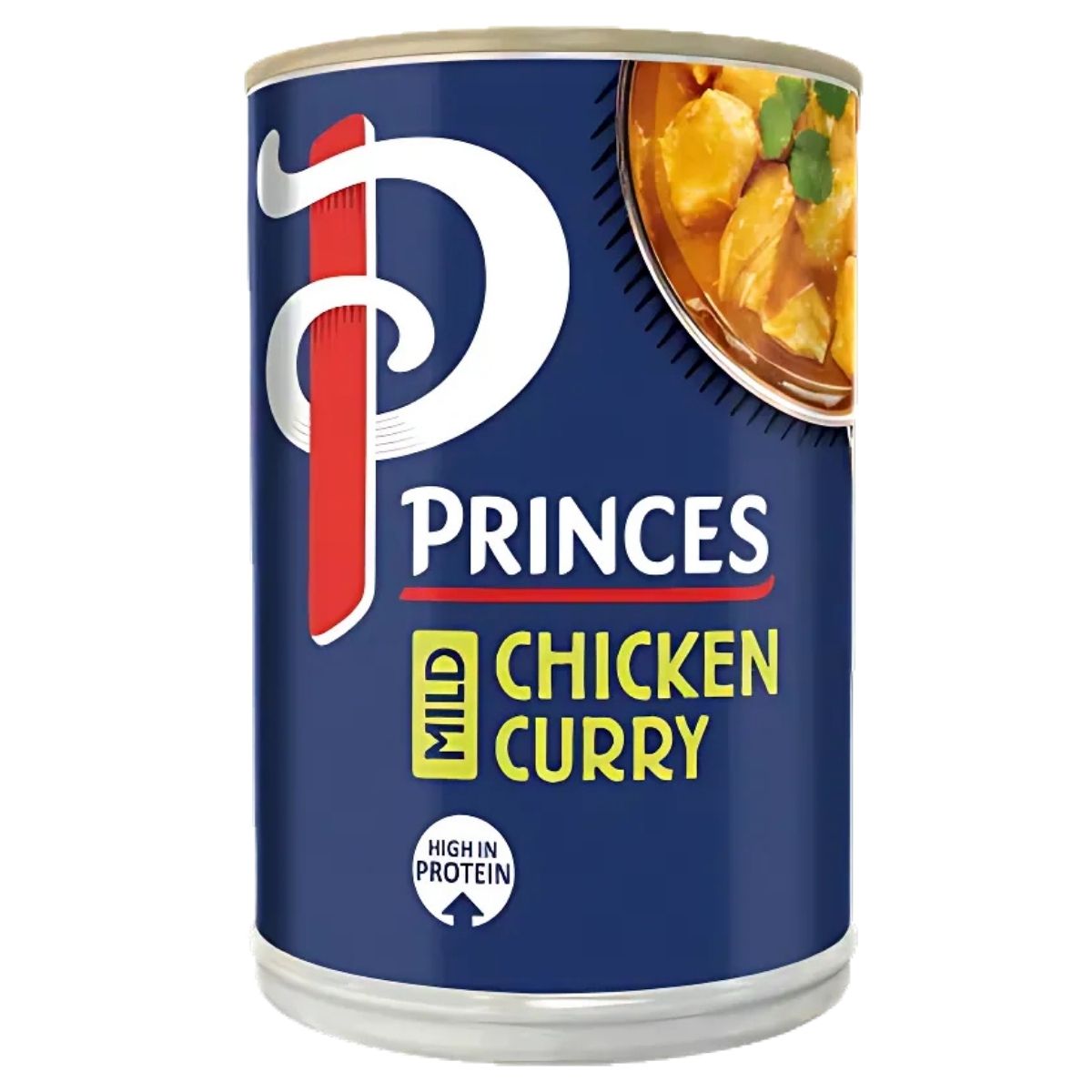 A can of Princes Mild Chicken Curry - 392g, rich in protein and free from artificial preservatives, set against a blue background. A can of Princes Mild Chicken Curry - 392g, rich in protein and free from artificial preservatives, set against a blue background.