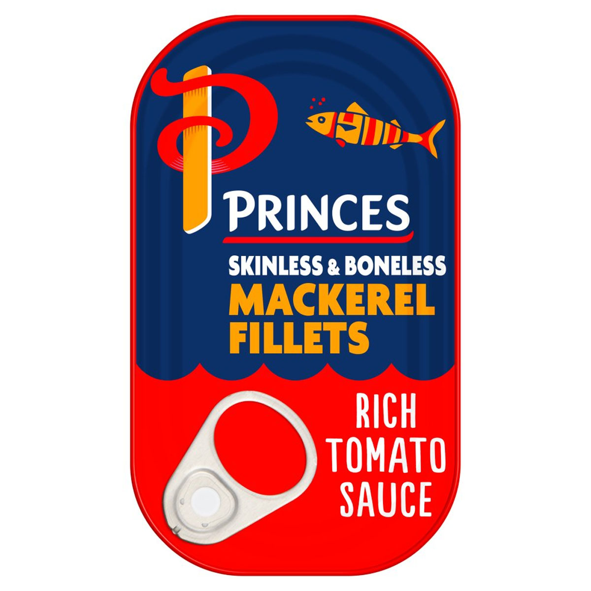 A 125g tin of Princes mackerel fillets in a rich tomato sauce with a pull-tab lid. A 125g tin of Princes mackerel fillets in a rich tomato sauce with a pull-tab lid.