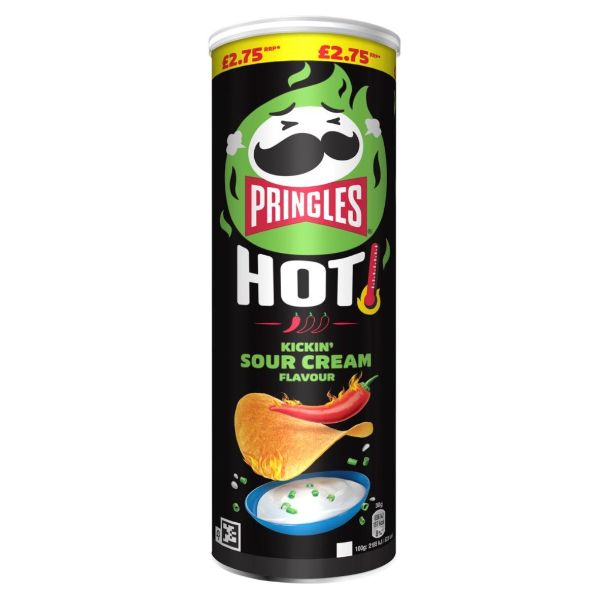 A can of Pringles - Hot Kickin Sour Cream Flavour - 160g with a price tag. A can of Pringles - Hot Kickin Sour Cream Flavour - 160g with a price tag.