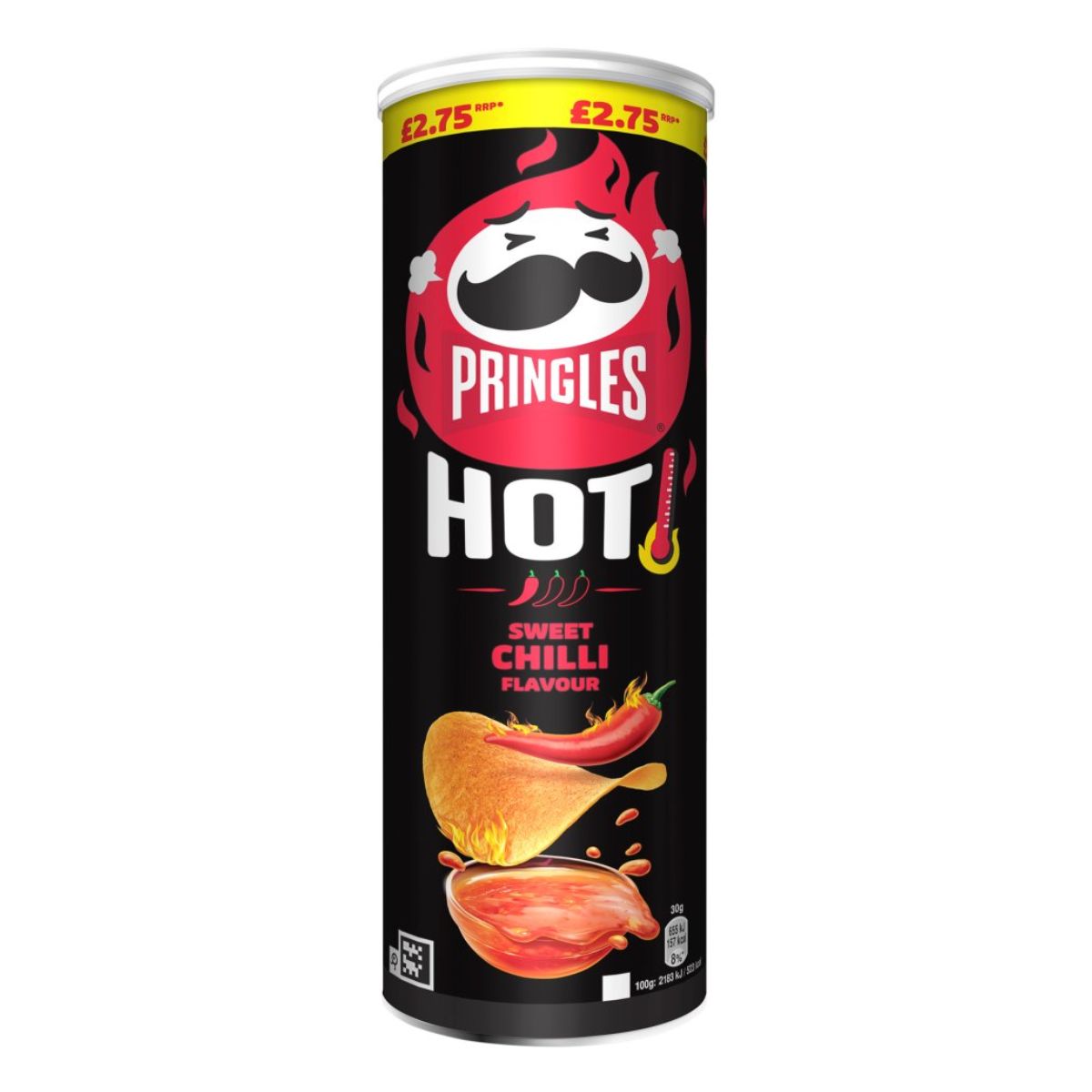 Can of Pringles - Hot Sweet Chilli Flavour - 160g with a price tag of £2.75. Can of Pringles - Hot Sweet Chilli Flavour - 160g with a price tag of £2.75.