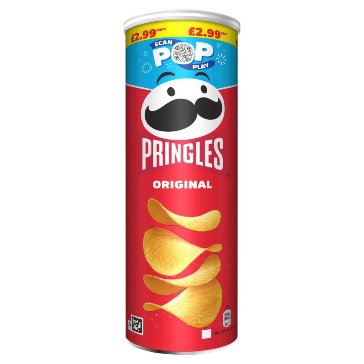 A 165g tall can of Pringles - Original Salted chips with a red label, featuring the Pringles logo and priced at £2.99. A 165g tall can of Pringles - Original Salted chips with a red label, featuring the Pringles logo and priced at £2.99.