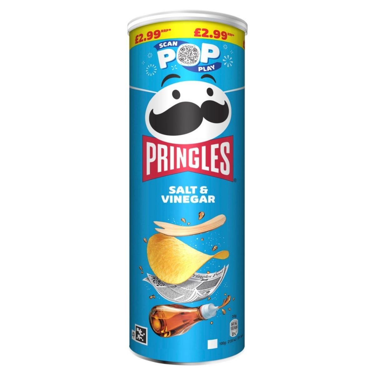 A cylindrical Pringles - Salt & Vinegar - 165g can with a blue design, showcasing an illustration of a chip, salt, and vinegar bottle. Made with dehydrated potatoes and sunflower oil, this product is suitable for vegetarians. It is priced at £2.99. A cylindrical Pringles - Salt & Vinegar - 165g can with a blue design, showcasing an illustration of a chip, salt, and vinegar bottle. Made with dehydrated potatoes and sunflower oil, this product is suitable for vegetarians. It is priced at £2.99.