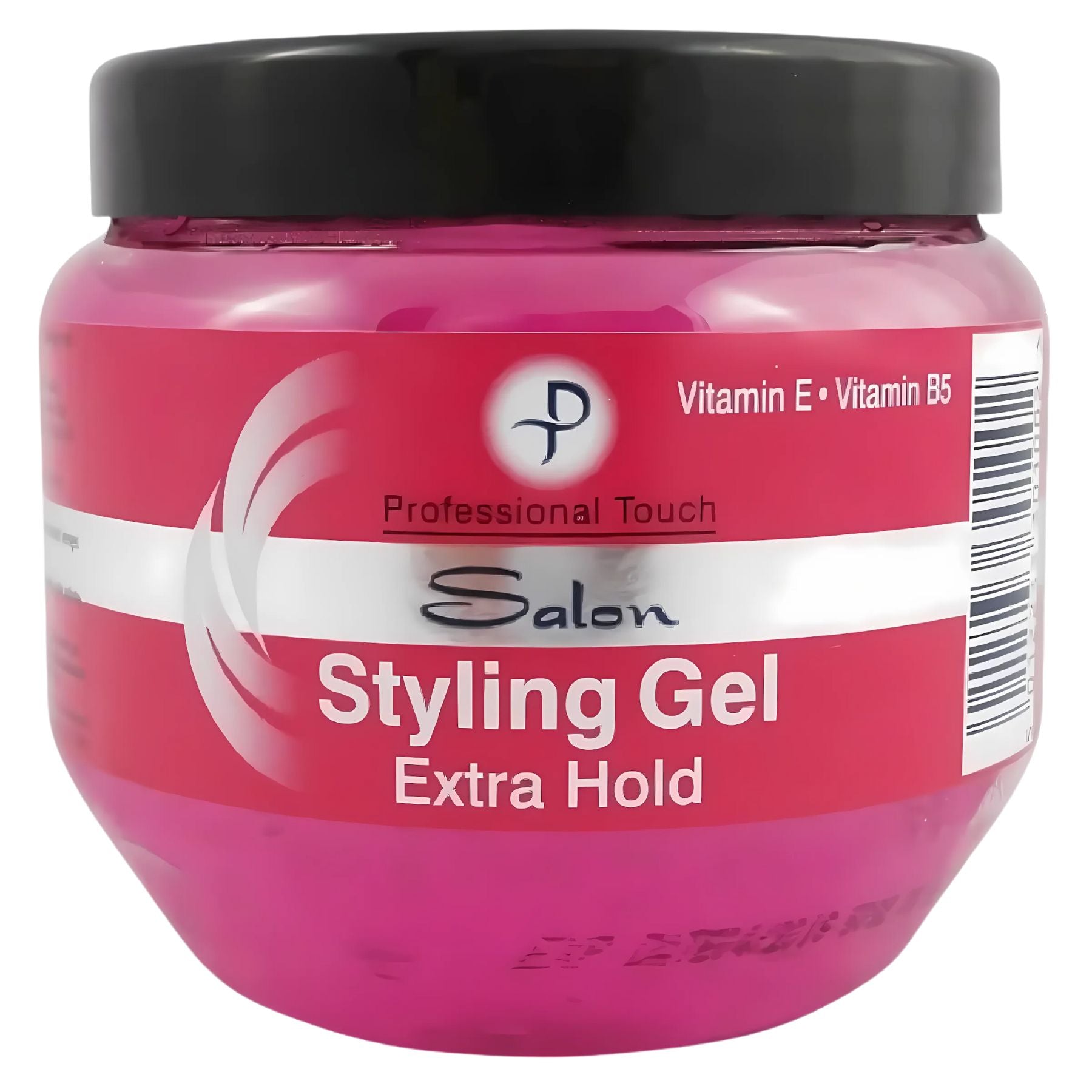 A 250ml pink jar of Professional Touch - Salon Styling Gel Extra Hold with a black lid, ideal for salon styling and long-lasting hold. A 250ml pink jar of Professional Touch - Salon Styling Gel Extra Hold with a black lid, ideal for salon styling and long-lasting hold.