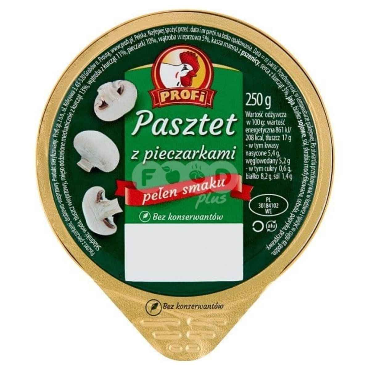 Profi - Pate with Mushrooms, 250g container. The green label, highlighted with white and red accents, showcases mushroom images alongside product information in Polish. Indulge in the savoury flavor made from high-quality ingredients for a delightful taste experience. Profi - Pate with Mushrooms, 250g container. The green label, highlighted with white and red accents, showcases mushroom images alongside product information in Polish. Indulge in the savoury flavor made from high-quality ingredients for a delightful taste experience.