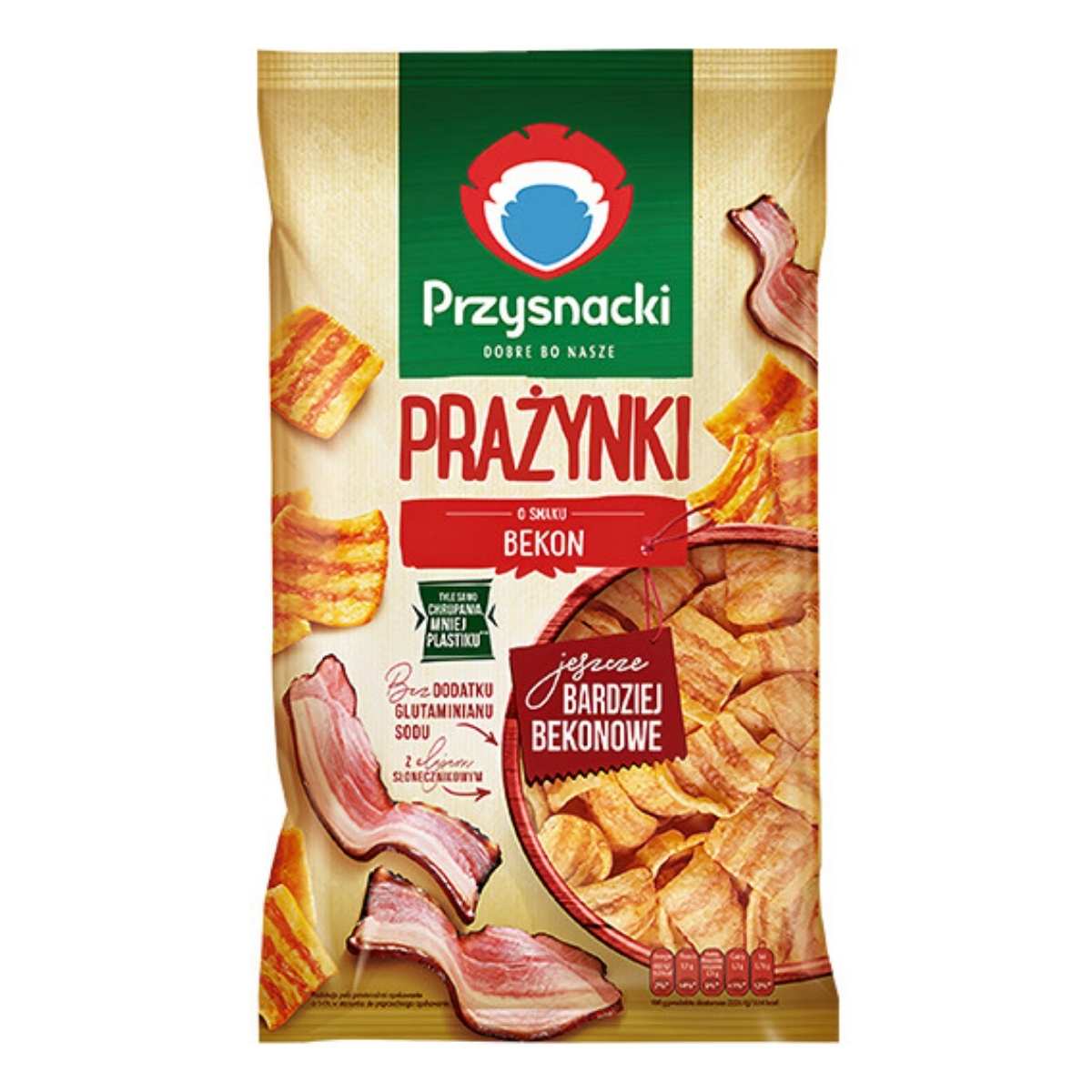 A 120g bag of Przysnacki Bacon Flavoured Puffs Snacks, with packaging showing crispy bacon and puffed snacks. A 120g bag of Przysnacki Bacon Flavoured Puffs Snacks, with packaging showing crispy bacon and puffed snacks.