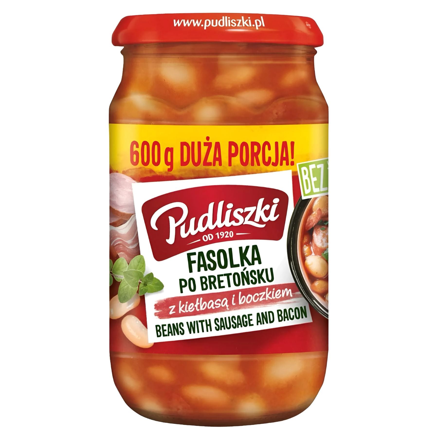 A 600g jar of Pudliszki - Beans with Sausage & Bacon, featuring Polish and English text on the label. A 600g jar of Pudliszki - Beans with Sausage & Bacon, featuring Polish and English text on the label.