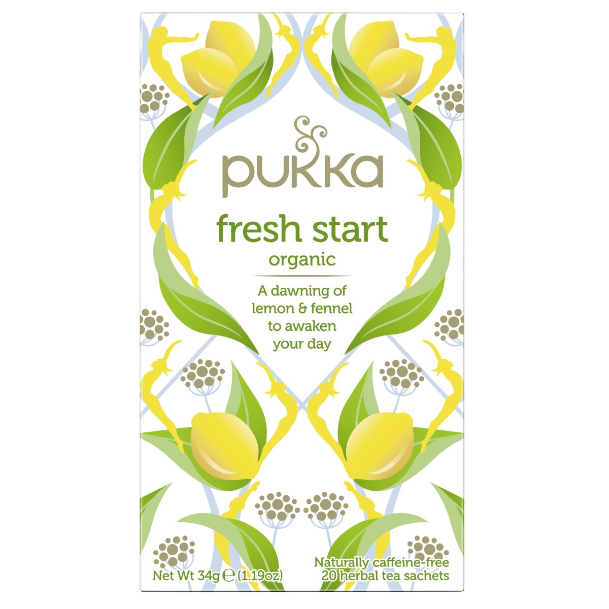 A box of Pukka - Fresh Start - 20 Tea Bags with yellow flowers and leaves.