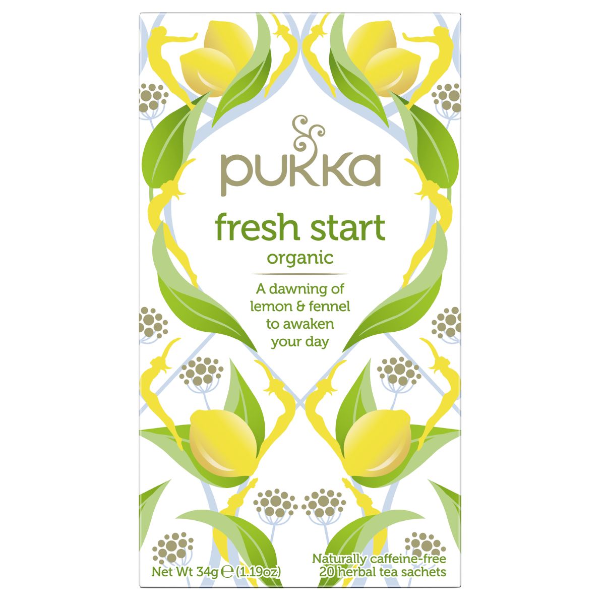A box of Pukka - Fresh Start - 20 Tea Bags with yellow flowers and leaves. A box of Pukka - Fresh Start - 20 Tea Bags with yellow flowers and leaves.