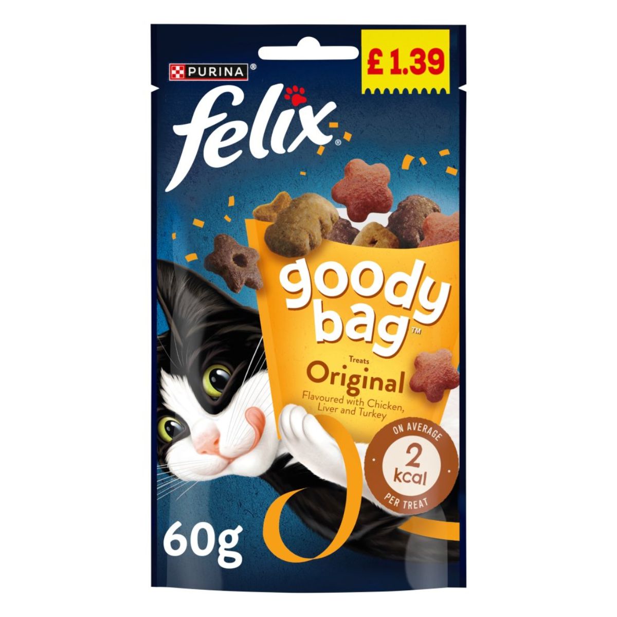 Package of Purina - Felix Goody Bag Original Chicken Liver and Turkey Cat Treats - 60g, displayed at £1.39, featuring a playful black and white cat graphic. This product is highlighted as protein-rich.