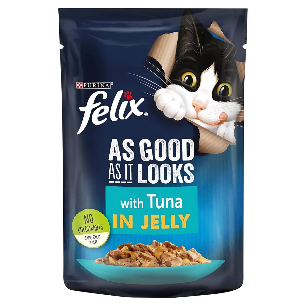 An 85g packet of Purina Felix Tuna In Jelly, showing a cartoon cat peeking over the top and a blue bowl filled with tasty tuna chunks. An 85g packet of Purina Felix Tuna In Jelly, showing a cartoon cat peeking over the top and a blue bowl filled with tasty tuna chunks.