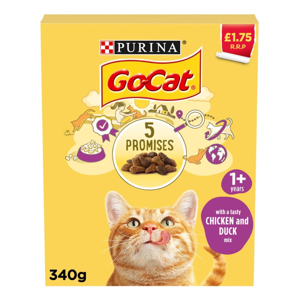 Purina Go-Cat with a Tasty Chicken and Duck Mix 1+ Years - 340g dry cat food.