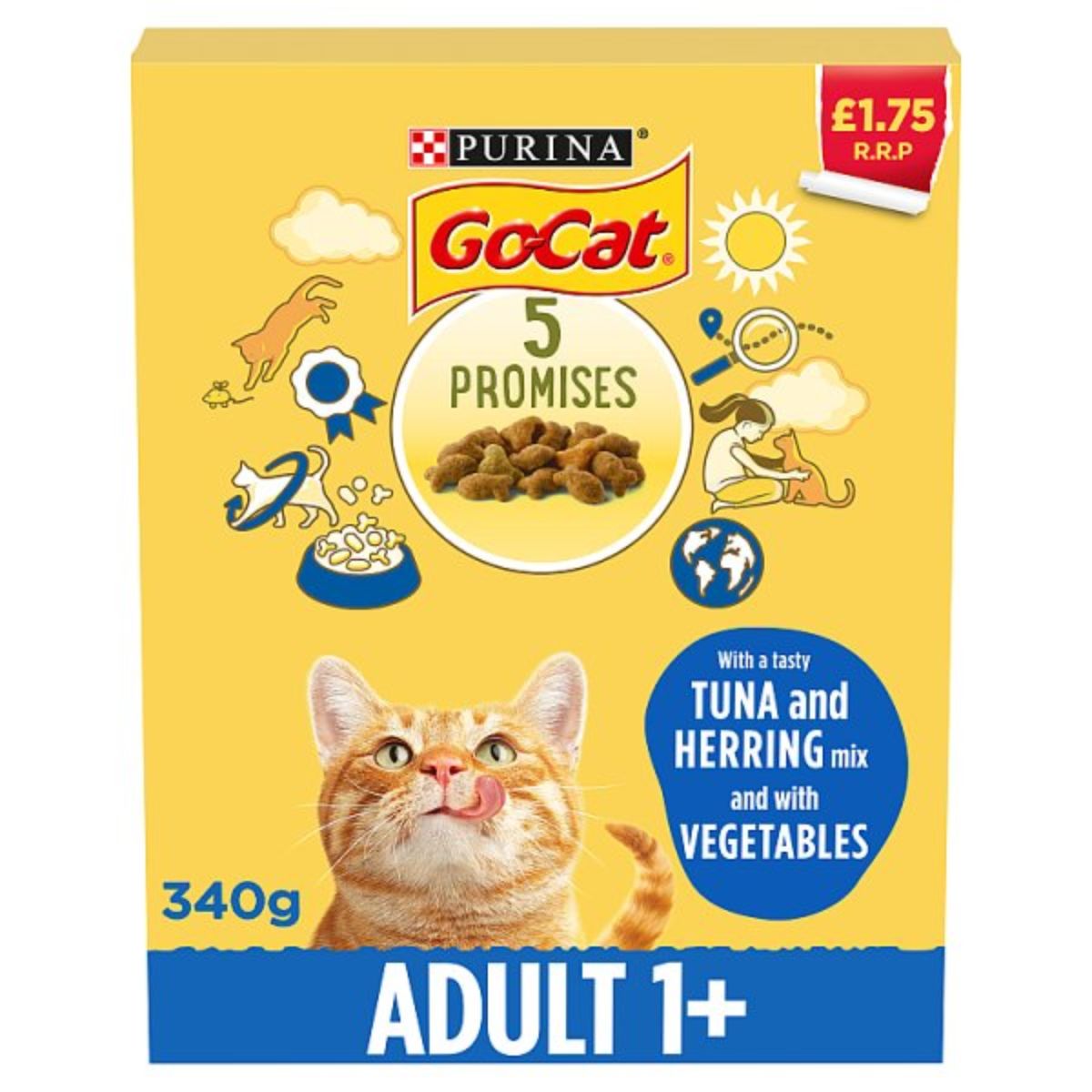 A box of Purina - GoCat Tuna & Herrng Mix with Vegetable - 340g cat food.