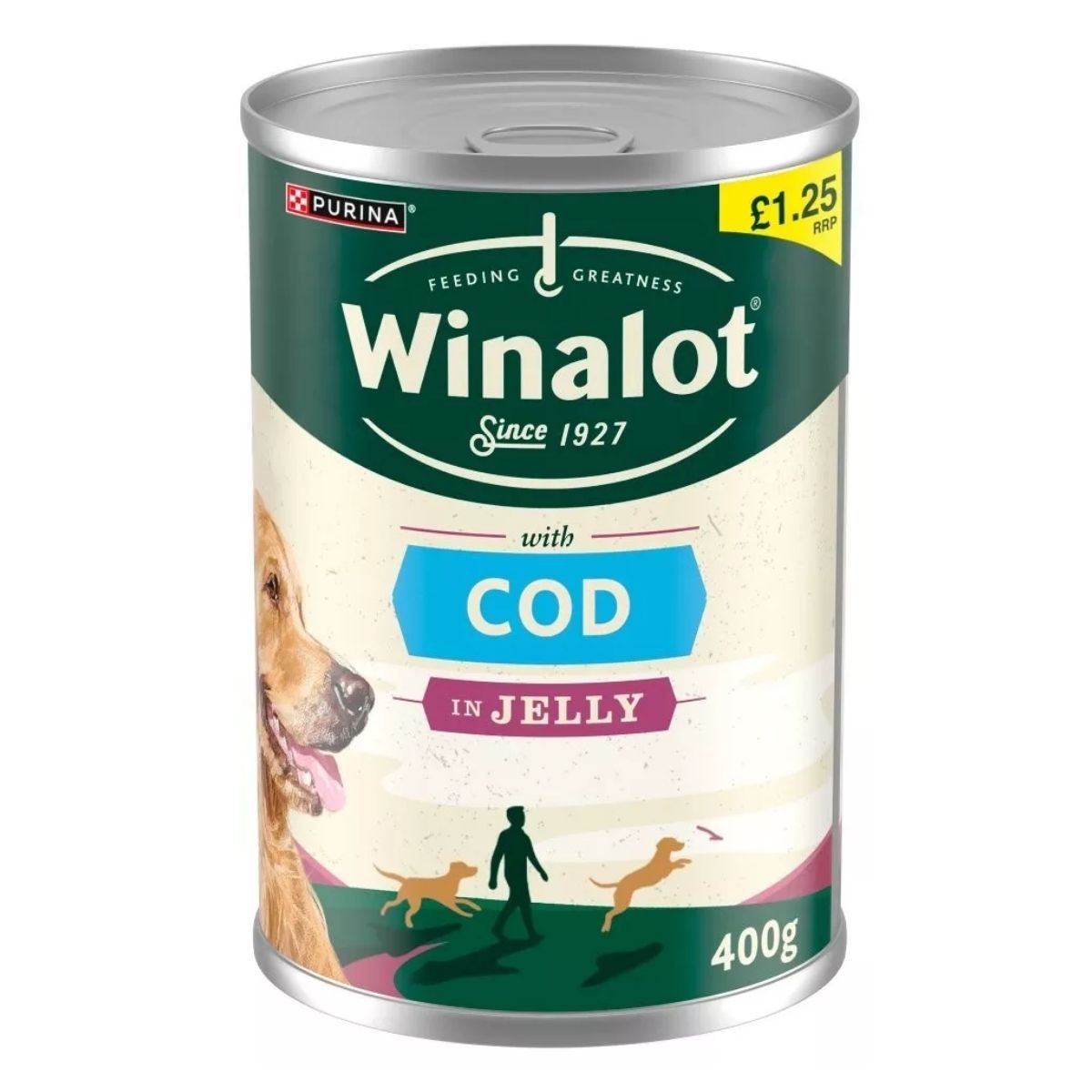 A 400g can of Purina Winalot Cod In Jelly Dog Food, featuring a dog image and a person walking dogs, is priced at £1.25. A 400g can of Purina Winalot Cod In Jelly Dog Food, featuring a dog image and a person walking dogs, is priced at £1.25.